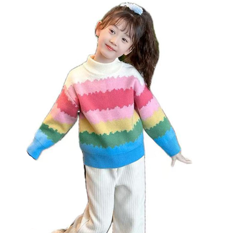 Baby Clothing Knitting Patterns - Gadis manis warna-warni pelangi bergaris sweter